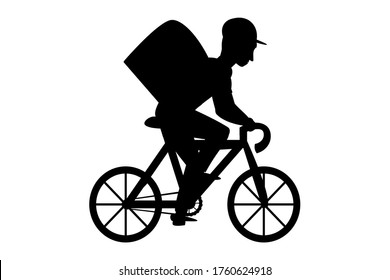 Una silueta de un hombre con gorra que monta una bicicleta. Trabajador del servicio de entrega con mochila aislada en un fondo blanco. Ilustración vectorial plana.