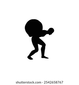 Silhouette of a man carries rock. A man with rock on white background. Concept of fatigue, effort, courage.