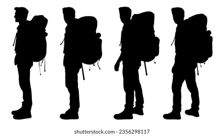 silhouette of man carrying adventure backpack. hiker standing pose with. isolated on a transparent background, eps 10