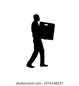 Silhouette of a man carrying a heavy box in front of him