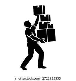 Silueta de un hombre llevando una Grande pila de cajas, que representa el trabajo duro y la logística.