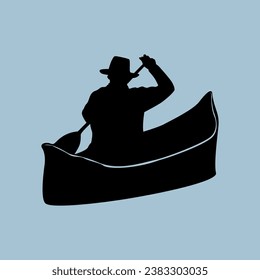 silhouette of a man carrying a prahu or small canoe, vector of a fisherman in a hat. black shape logo icon