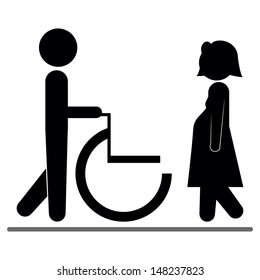 silhouette of a man carrying a wheelchair a woman in a state of pregnancy.