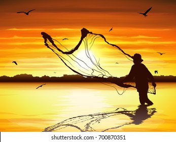 Silhouette of man catching the fish in twilight.