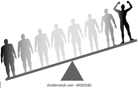 Silhouette man celebrates dieting and exercise from fat to fitness in before and after series on a scale