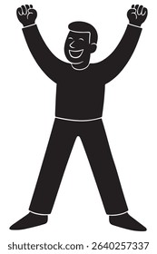 Silhouette of a man celebrating with both fists raised triumphantly in the air