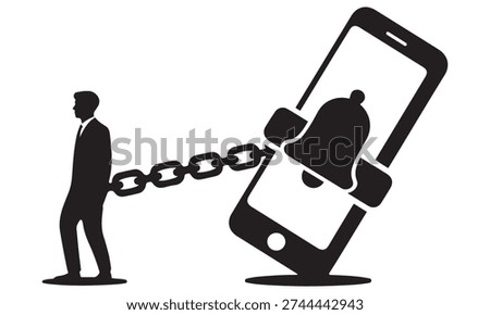 Silhouette of a man chained to a tilted smartphone with a ringing bell, representing the overwhelming burden of constant connectivity.
