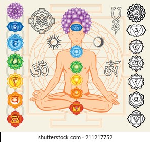 Silhouette of man with chakras and esoteric symbols