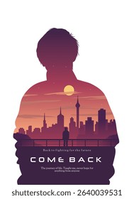 Silhouette Man with Cityscape Sunset – Emotional Double Exposure Poster Illustration
