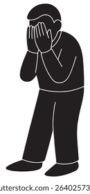 Silhouette of a man clapping both hands over his face in shyness