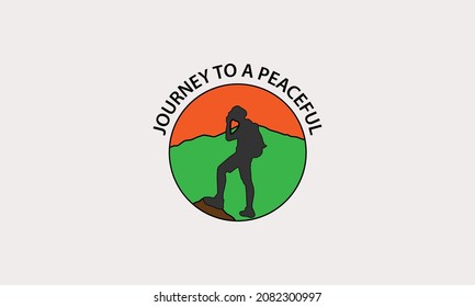 silhouette of a man climbing a mountain against a nature background. abstract flat design vector logo icon.