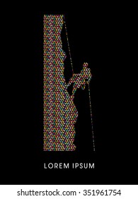 Silhouette Man climbing on a cliff, designed using colorful triangle mosaic graphic vector.
