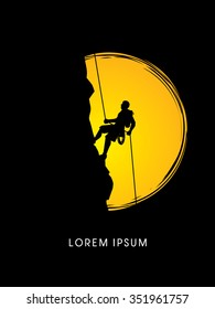 Silhouette Man climbing on a cliff, designed  on moonlight background graphic vector.