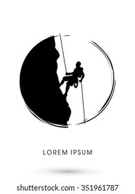 Silhouette Man Climbing On A Cliff, Designed Using Grunge Brush Graphic Vector.