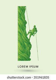 Silhouette Man climbing on a cliff, designed using green brush graphic vector.