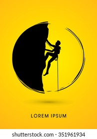 Silhouette Man climbing on a cliff, designed using grunge brush in circle shape graphic vector.