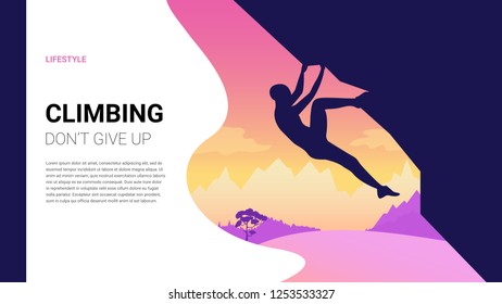 A silhouette of man climbing on rock, mountain at sunset. Adrenaline, strength, ambition. Landing page template. Vector illustration.