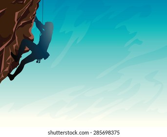 Silhouette of man climbing on a stone wall on the blue sky background. Vector illustration of sport.