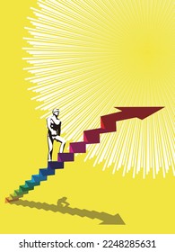 Silhouette of man climbing stairs with rainbow arrows vector illustration