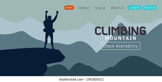 silhouette of man climbing Standing on top of a mountain Hiker cheering elated.Success Leadership concept