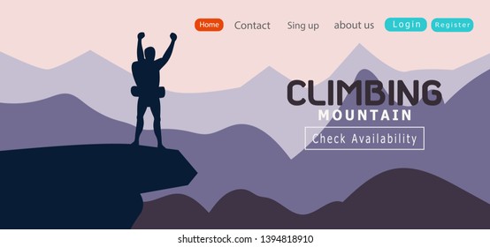 silhouette of man climbing Standing on top of a mountain Hiker cheering elated.Success Leadership concept