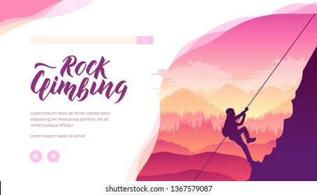 Silhouette of man climbing to top of rock on wild nature background. Alpinist, mountaineer conquering a peak. Concept of achieving goal, success, sport lifestyle, overcoming difficulties. Copy space.
