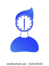 Silhouette of a man with a clock instead of head. Blue gradient icon. The concept of working time, office, business, schedule, waiting time, etc. 12:30