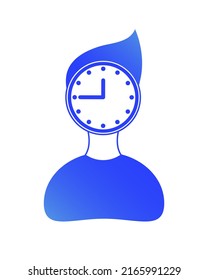 Silhouette eines Mannes mit einer Uhr statt Kopf. Blaues Farbverlauf-Symbol. Das Konzept der Arbeitszeit, des Büros, der Geschäftswelt, des Zeitplans, der Wartezeit usw. 12:45