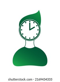 Silhouette de un hombre con un reloj en lugar de cabeza. Icono de gradiente verde. El concepto de tiempo de trabajo, oficina, negocios, horario, tiempo de espera, etc.