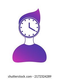 Silhouette de un hombre con un reloj en lugar de cabeza. Icono de gradiente púrpura. El concepto de tiempo de trabajo, oficina, empresa, horario, tiempo de espera, etc. 12:20