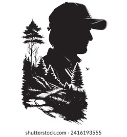 Silhouette of a man combined with a natural landscape hand-drawn vector image without AI