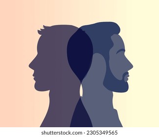 Silhouette of man and man. Common features and differences between pair of men. couple of lovers. young couple. They look in different directions. Family relationships. Vector flat illustration