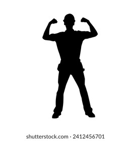 Silhouette of man in construction worker costume. Silhouette of construction worker male in pose. 