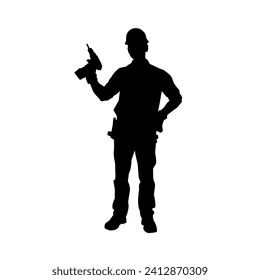 Silhouette of man in construction worker costume carrying drill power tool. Silhouette of construction worker male in action pose with power tool driller. 