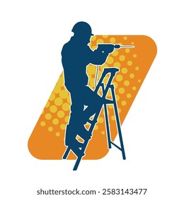 Silhouette of man in construction worker costume carrying drill power tool. Silhouette of construction worker male in action pose with power tool driller. 