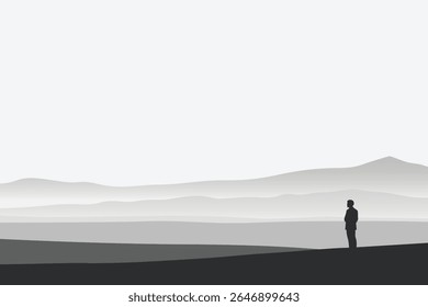 Silhueta de um homem contemplando uma paisagem serena em tons de cinza, design minimalista, humor pacífico, transmitindo contemplação e introspecção.