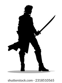 Silhouette of a man with a court sword in a long cloak and high boots. Vector illustration