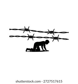 Silhouette von Mann kriechen unter Stacheldrahtzaun