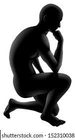 Silhouette man crouched in a thinker pose. Concept for any questioning or psychology, poetry or philosophy.