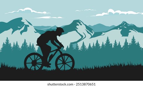 silhouette of a man cycling with mountain background. mountain biking.