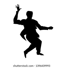 Silhouette of man dance lindy hop. Retro dancer for poster, flyer studio of social dances. Vector black and white illustration. Cutout isolated object.