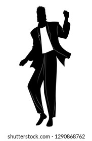 Silhouette of man dancing new wave music wearing clothes in the style of the 80s isolated on white background