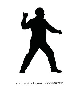 Silhouette of a man dancing or performing a stage move isolated on white background