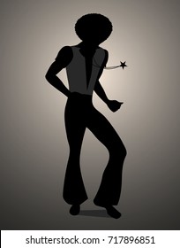 Silhouette of man dancing soul, funky or disco music. Retro Style.