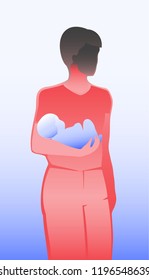 Silhouette of a man with a dark head holding a baby, in red and blue, on gradient background, symbolizing stress of parenthood and post-partum depression