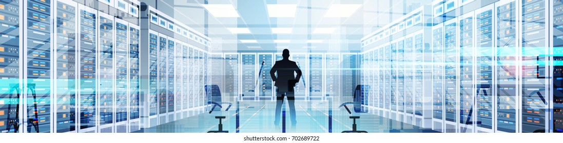 Silhouette Man In Data Center Room Hosting Server Computer Information Database Flat Vector Illustration