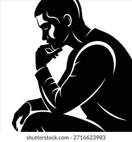 Silueta de un hombre profundamente pensado, mano sobre barbilla, en una pose pensativa. Ilustración vectorial en blanco y negro que representa la contemplación o la resolución de problemas.