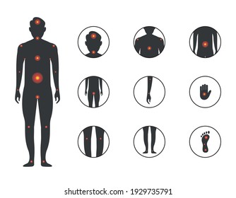 Silhouette Of A Man With Different Body Pain. Point Of Male Body Pain. Injury Icon Set. Vector