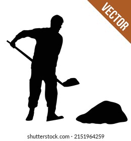 Silhouette Of A Man Digging With A Shovel On White Background, Vector Illustration