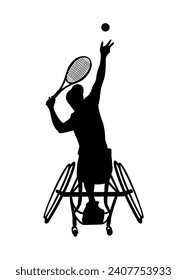 Silhouette of man with disability playing tennis.